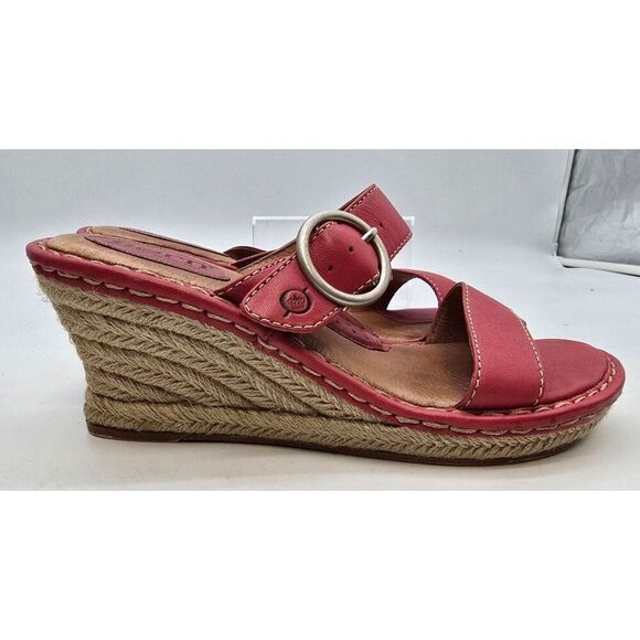 Born Womens Red Leather Strappy Wedge Sandals With Braided Espadrille Heel & Adj - Picture 7 of 12